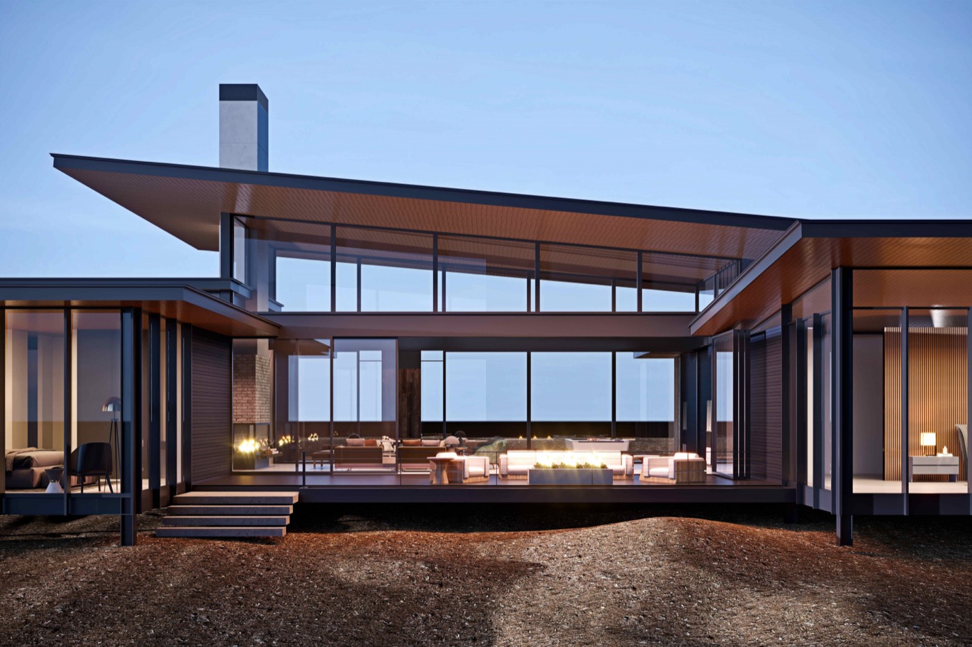 A home at dusk with warm lights on